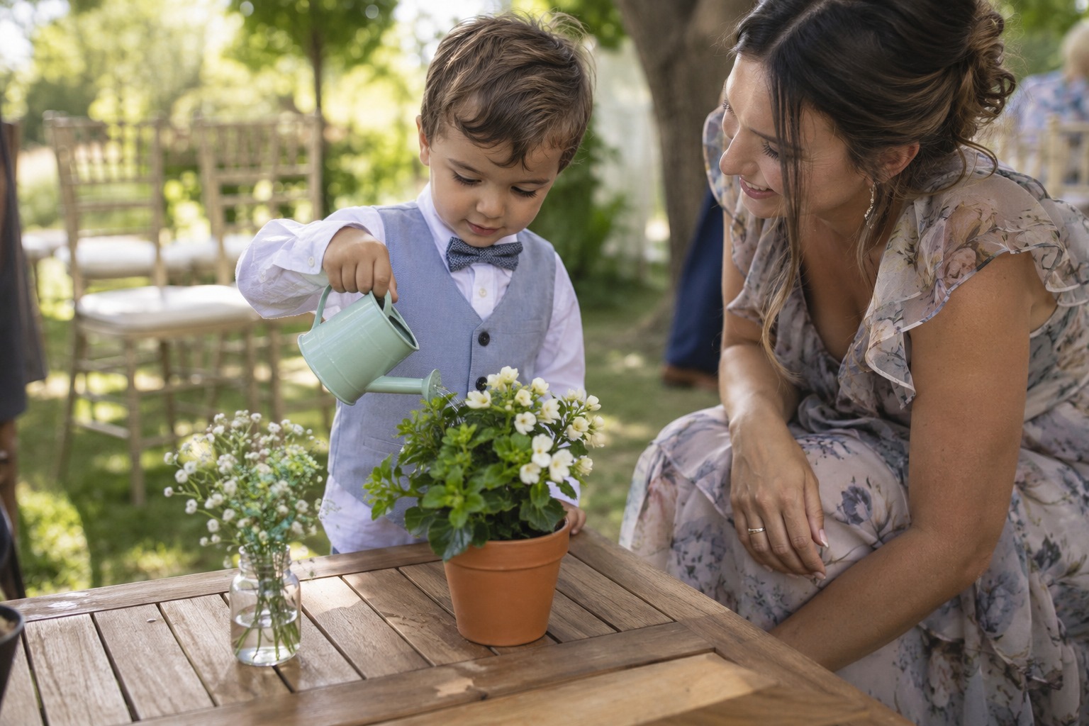 A child watering a small potted plant with an adult nearby
