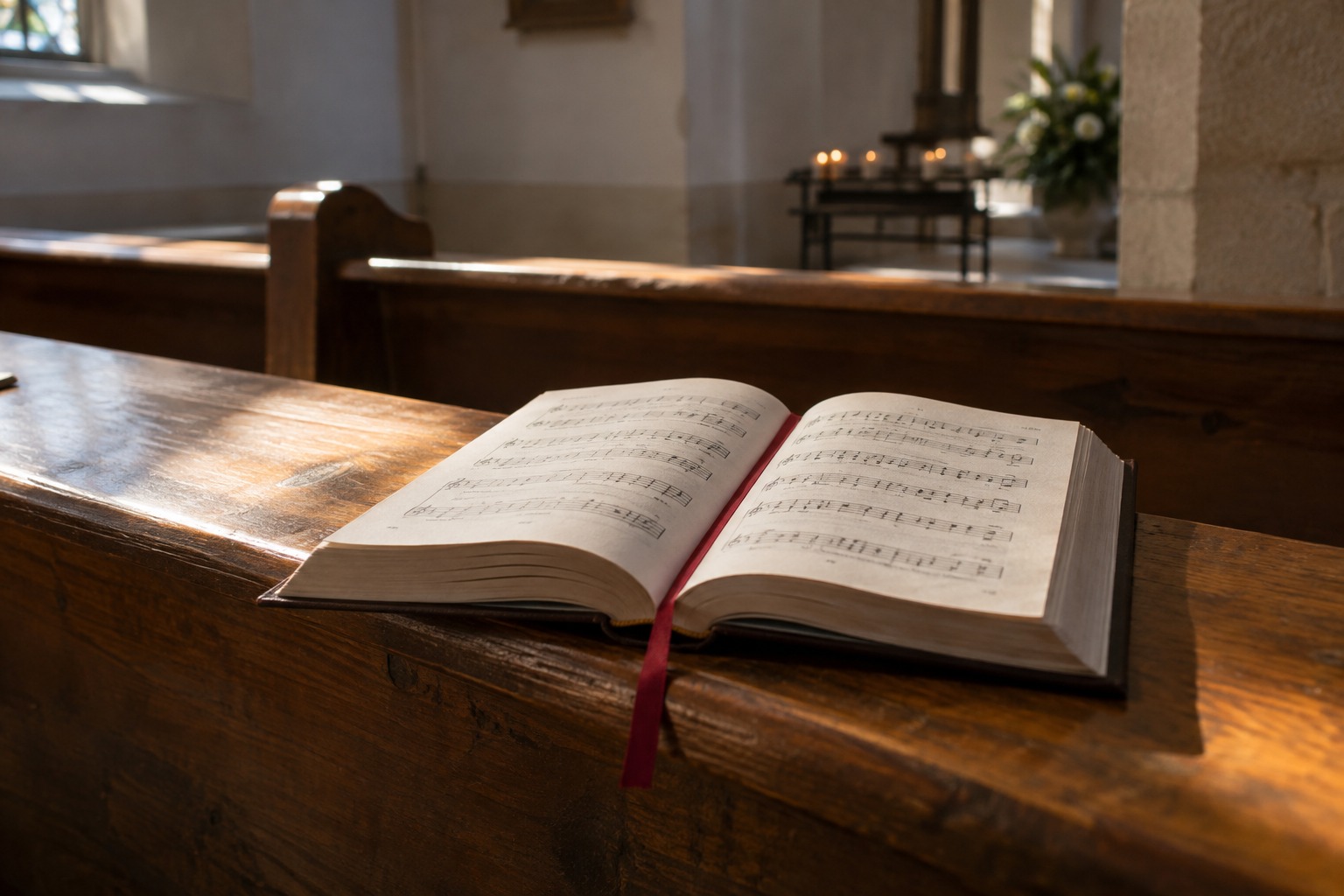 An open songbook with a ribbon marker on a wooden church pew