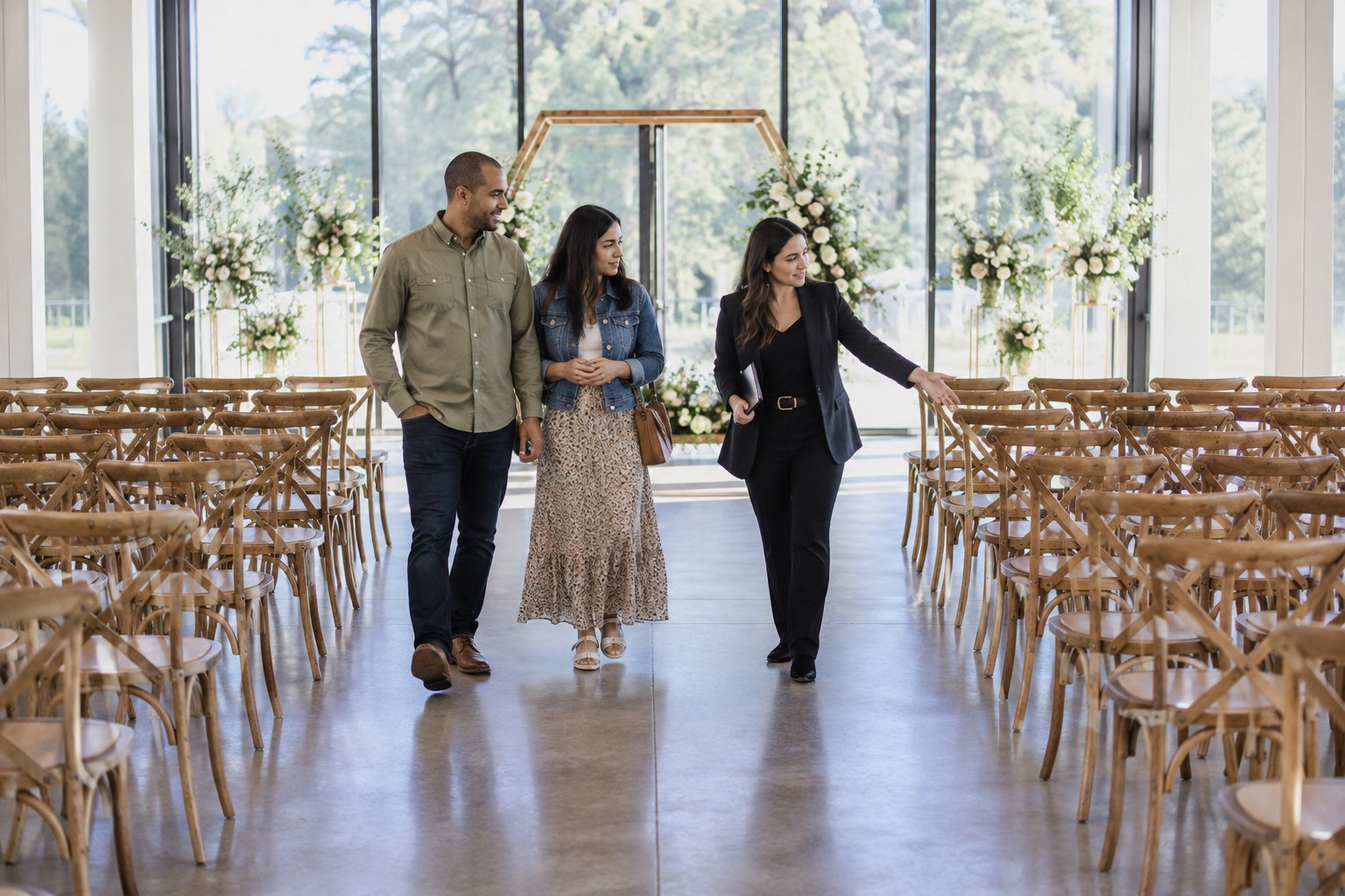 A couple and a venue coordinator reviewing the layout of a ceremony room