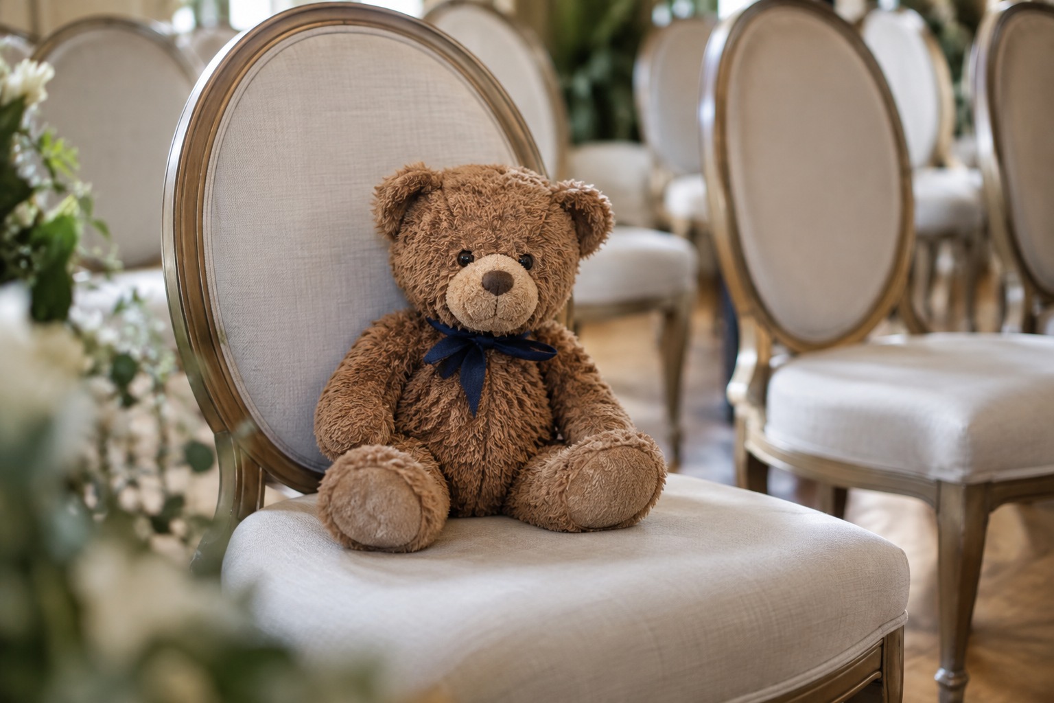 A brown teddy bear with a dark ribbon sitting on a ceremony chair
