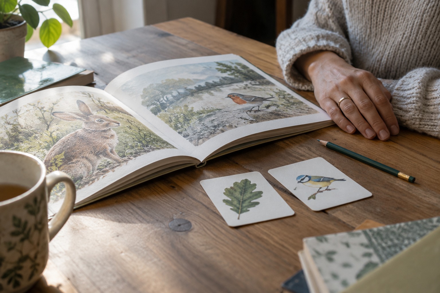 An open illustrated book and two picture cards on a wooden table