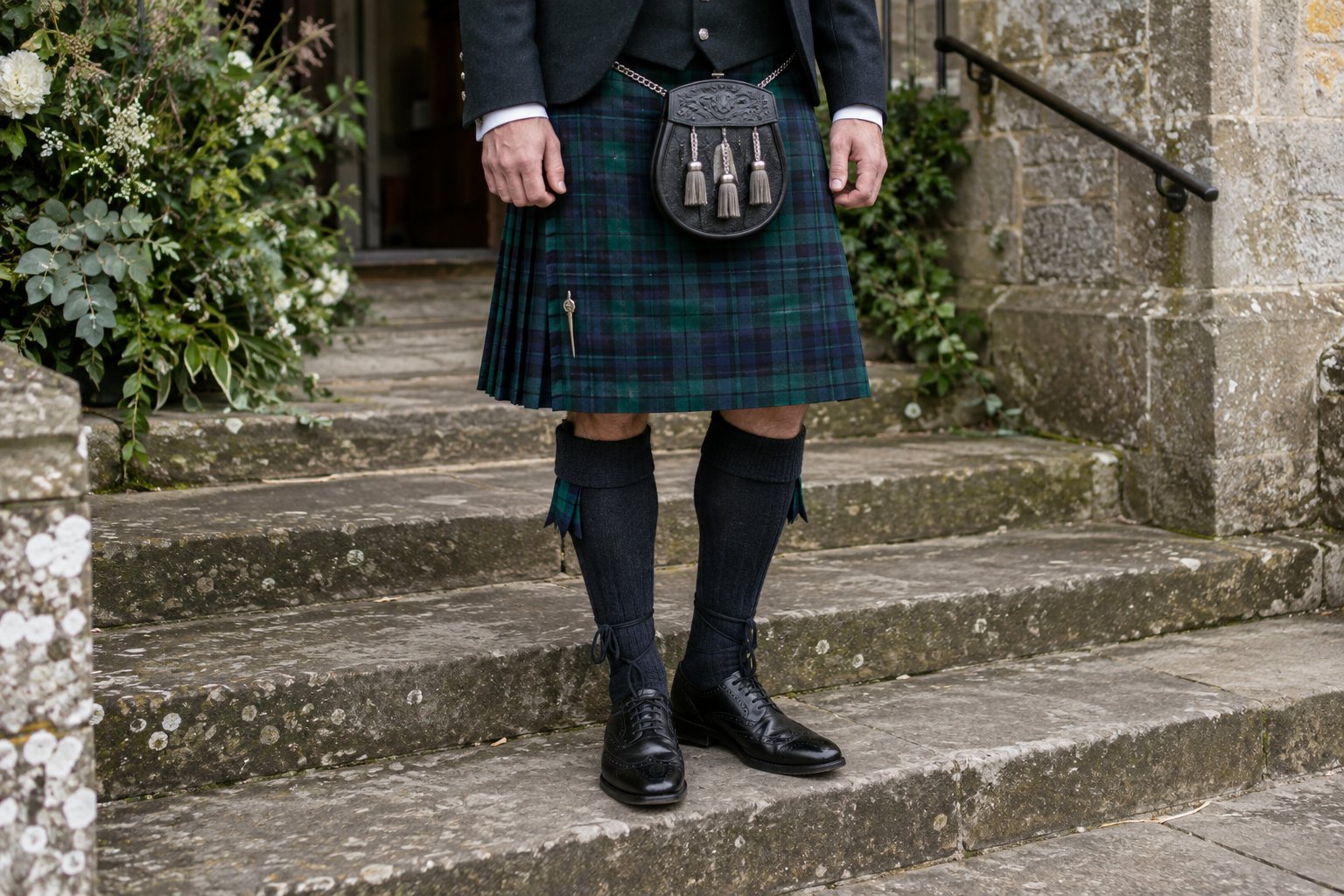 A groom wearing a tartan kilt and leather sporran on stone steps