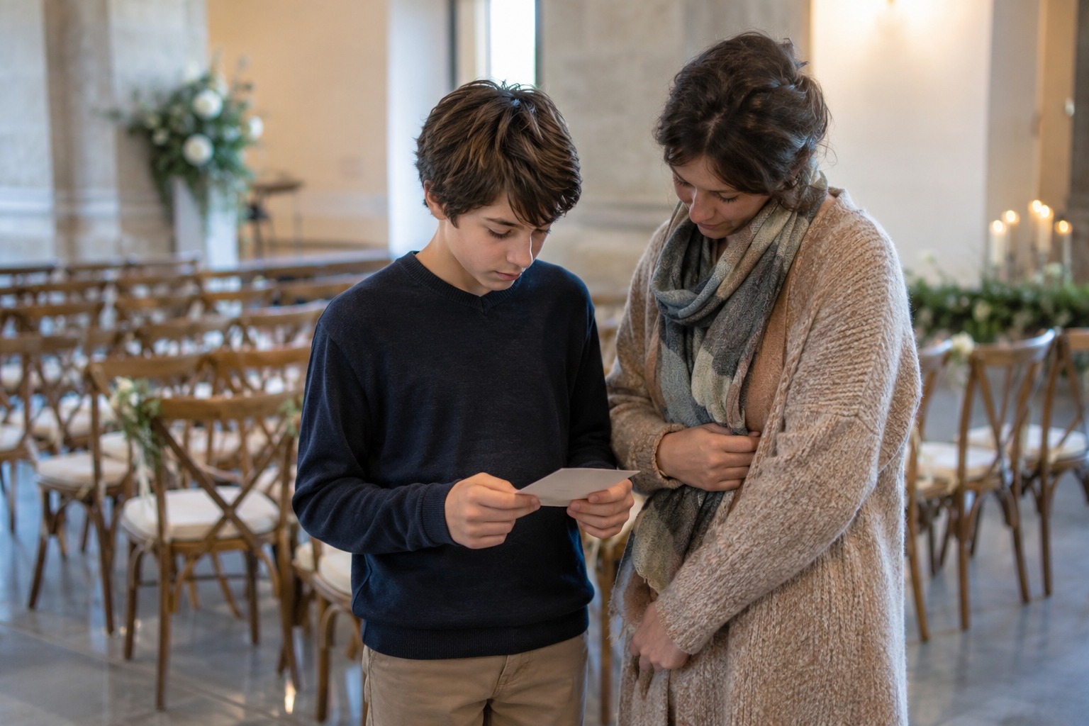 A teenager reviewing a reading card beside ceremony chairs